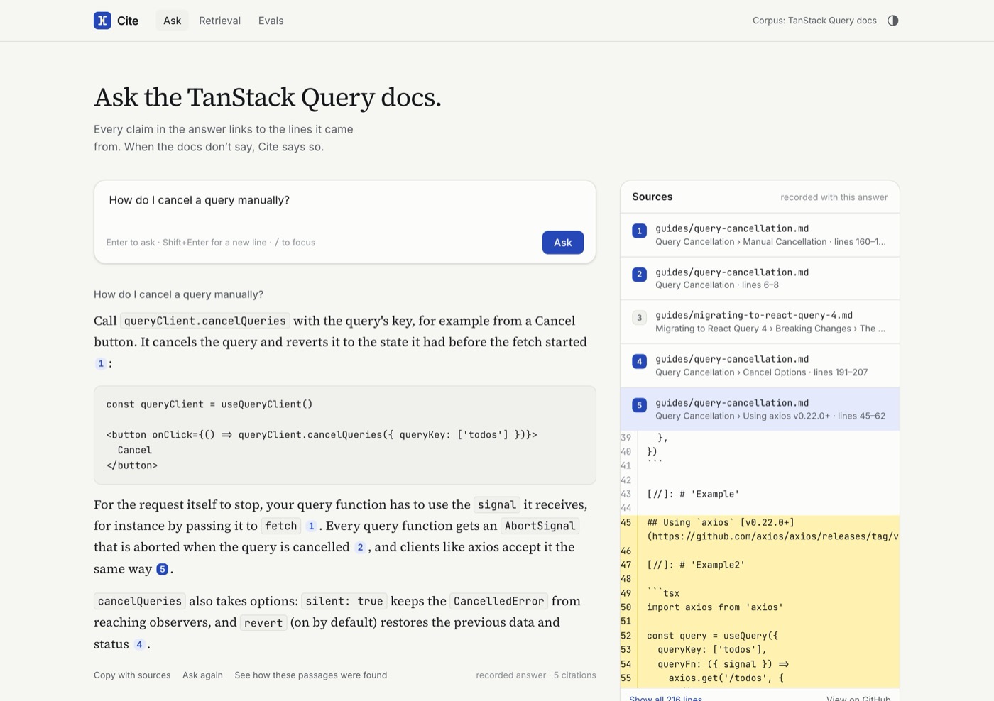Cite answering how to cancel a query, with numbered citations and the cited source lines highlighted