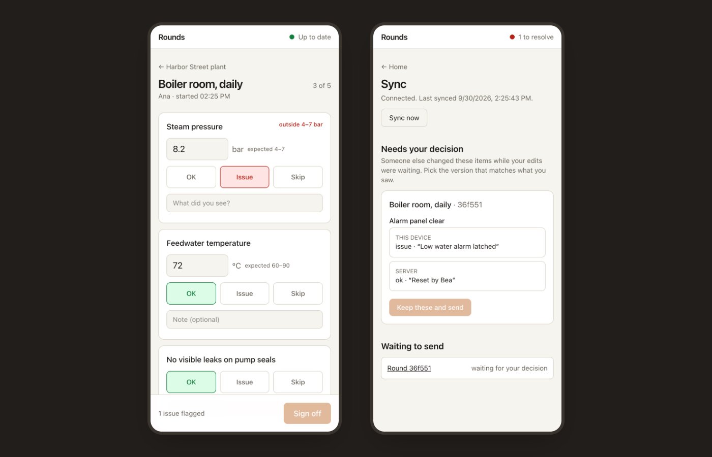 Rounds on a phone: a checklist with a pressure reading flagged out of range, and the sync screen asking which of two versions to keep