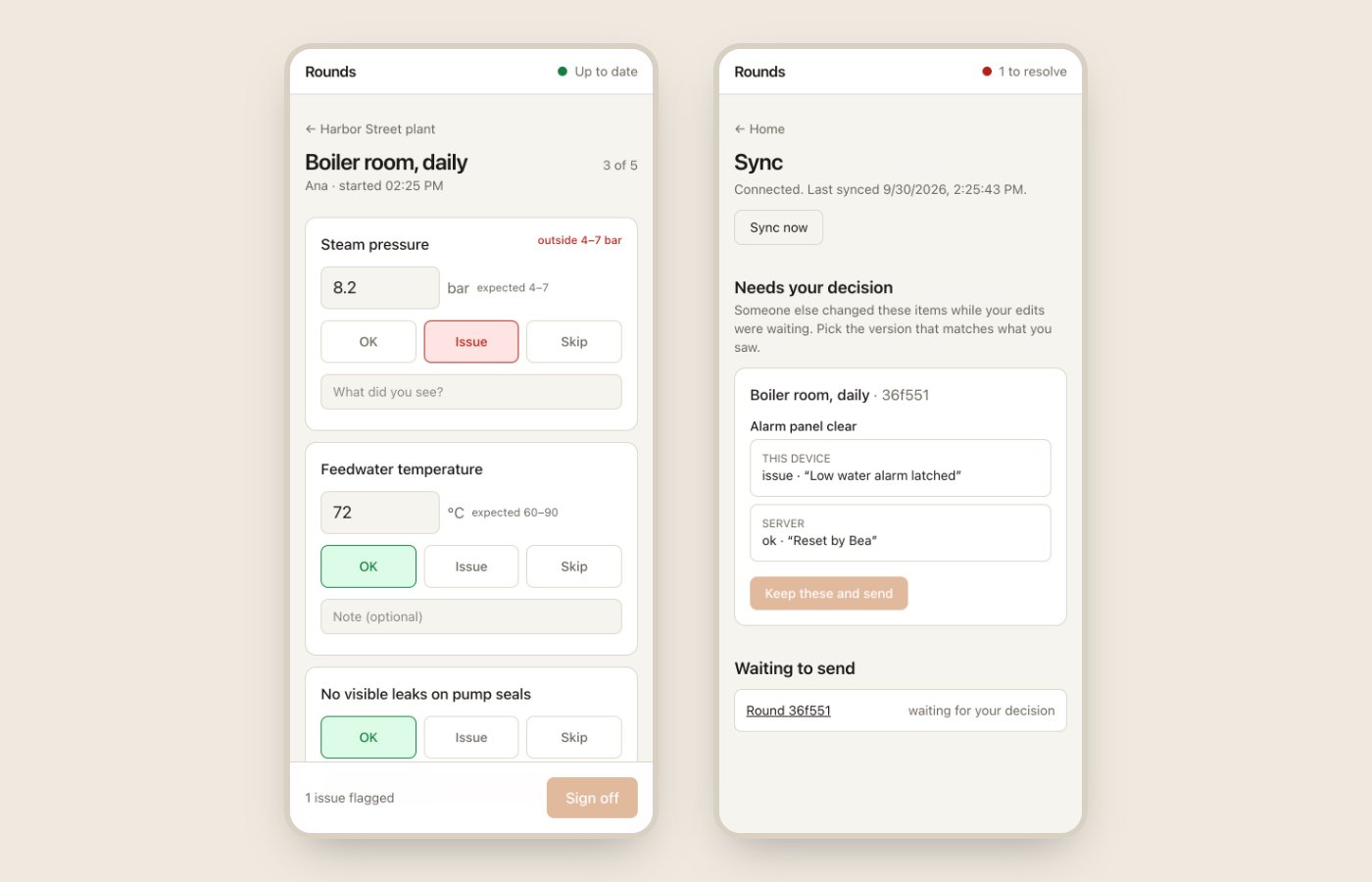 Rounds on a phone: a checklist with a pressure reading flagged out of range, and the sync screen asking which of two versions to keep