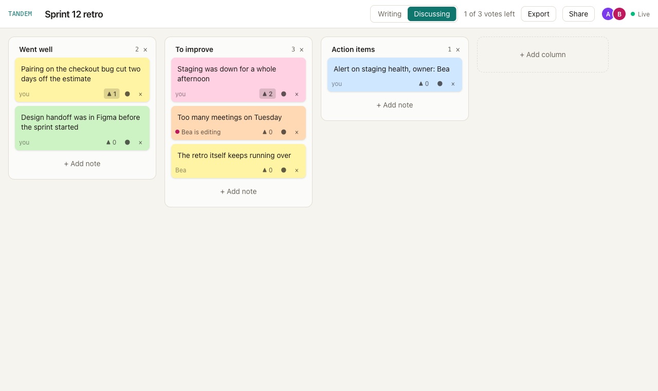 A Tandem board in the discussion phase, with colored notes, votes and a second person editing